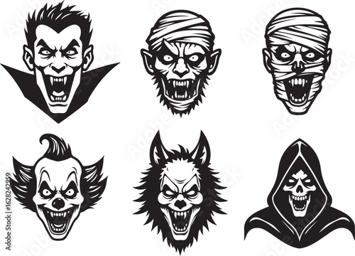 Spooky Halloween character faces: Vampire, Mummy, Werewolf, Clown, and Grim Reaper