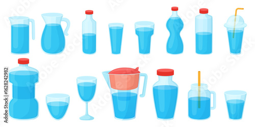 Drink water glasses. More liquid, isolated glass and plastic bottles, jar and jug. Hydration elements, water balance. Diet and lifestyle, neoteric vector set