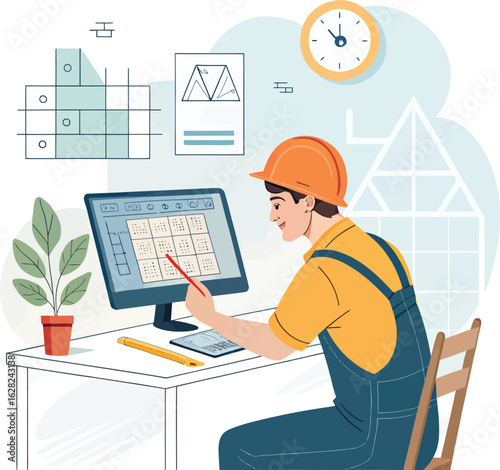 Focused Architect, Isolated, at Desk Vector