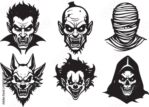 Spooky Halloween monster faces set for scary season decorations design