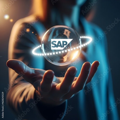 Person holding a glowing globe with the sap logo and orbiting rings in a dark futuristic setting