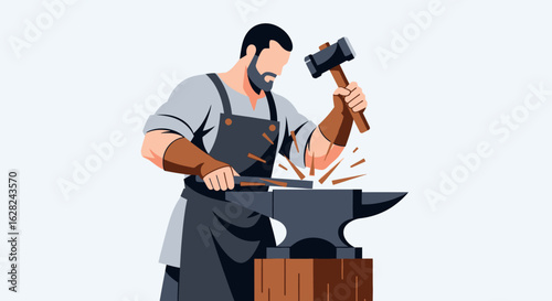 Illustration of a blacksmith forging metal on an anvil with a hammer, sparks flying, wearing an apron and gloves.