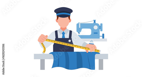 Illustration of a tailor wearing a cap and overalls, measuring blue fabric on a table with a yellow measuring tape, sewing machine in the background.