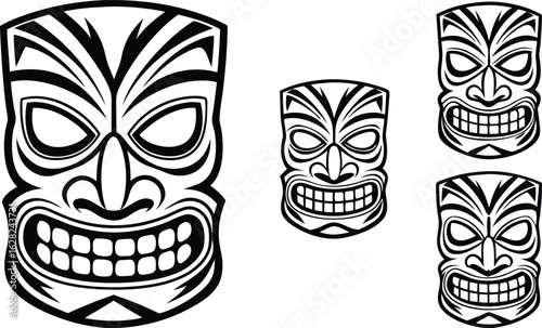 Collection of stylized tiki mask illustrations in black and white representing polynesian culture and tropical island art