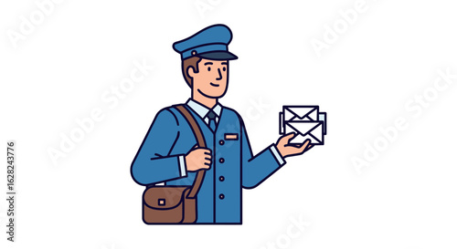 Cartoon postman in blue uniform holding letters, delivering mail with a satchel on a white background.