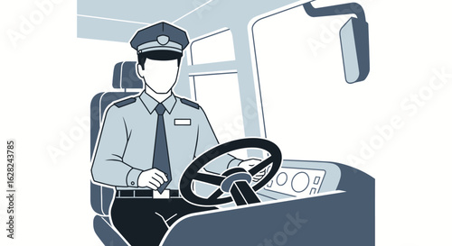 Illustration of a bus driver in uniform sitting behind the steering wheel inside the bus cabin.