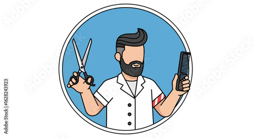 Illustrated barber holding scissors and a hair clipper, ready to cut hair, set against a blue circular background.