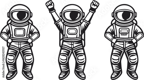 Three cartoon astronauts in full suits with one celebrating victory with raised arms against a white background