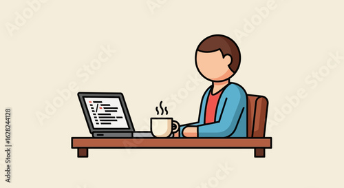 Illustration of a person sitting at a desk with a laptop and a steaming cup, possibly coding or working remotely.