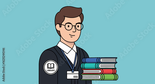 Cartoon illustration of a librarian holding a stack of colorful books against a light blue background.