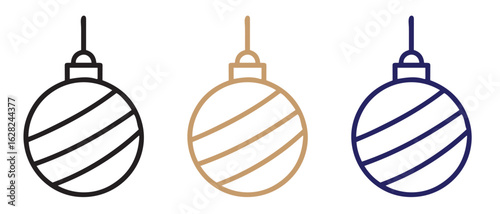 Colorful Christmas Ornaments. Black, Gold, and Blue Striped Holiday Icons for Festive Designs.