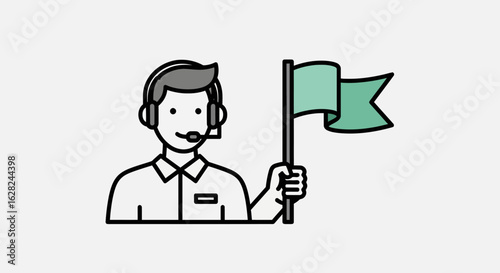 A line art icon of a tour guide or support agent wearing a headset and holding a small green flag.