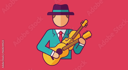 Illustration of a musician in a suit and hat playing multiple stringed instruments, including a guitar and violin, against a red background.