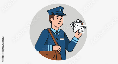 Cartoon illustration of a smiling mailman in uniform holding letters with a satchel, set against a light grey circle.