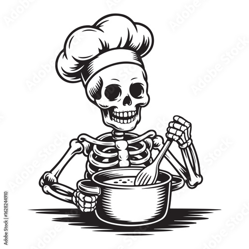 Skeleton chef stirring pot black and white vector image Halloween colouring page