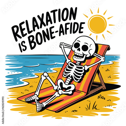 Skeleton relaxing on beach chair with ocean and sun above Halloween colouring page