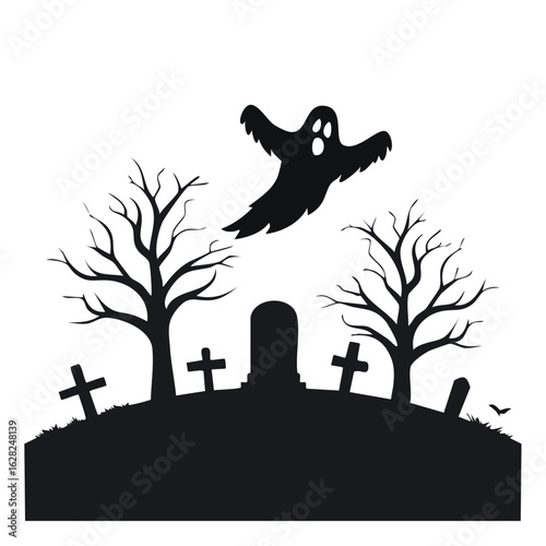 A creepy ghost floats above a haunted cemetery with tombstones and bare trees. Spooky Halloween night silhouette vector illustration.