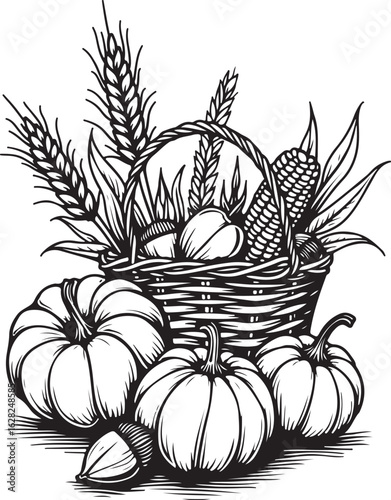 Harvest bounty illustration featuring pumpkins, corn, and wheat in basket