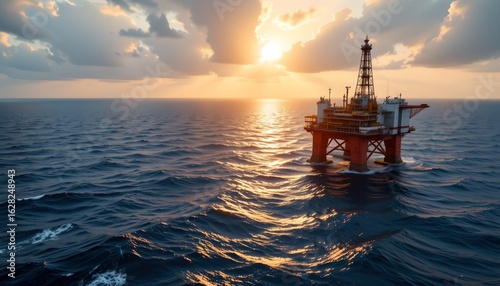 Imposing offshore oil rig at sunset over calm ocean aerial view industrial landscape energy sector