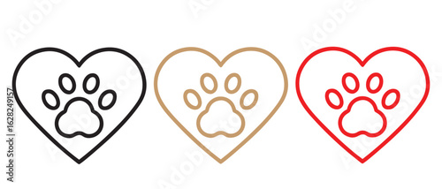 Heart and Paw Print Icons. in Black, Gold, and Red – Pet Love Symbol for Logos and Designs.