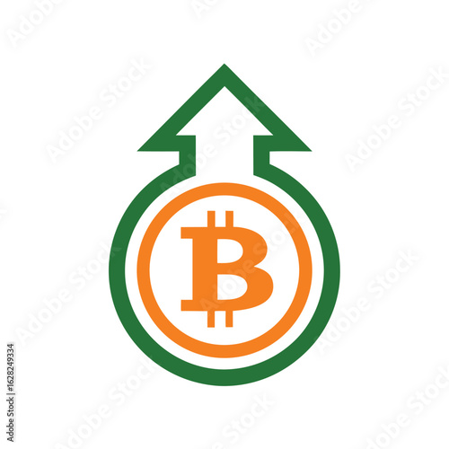 Bitcoin cryptocurrency growth symbol with upward arrow and circular design on white background