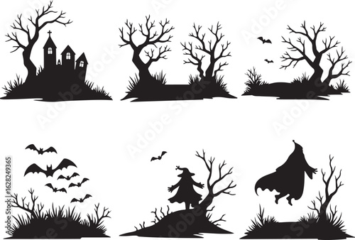 Spooky Halloween silhouette set featuring haunted house, witch, and ghost