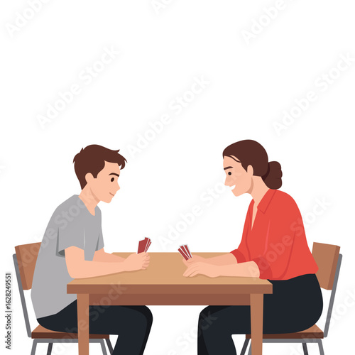 Mother and her son enjoy a friendly game of cards at the table, sharing a moment of bonding. Flat vector illustration isolated on white background