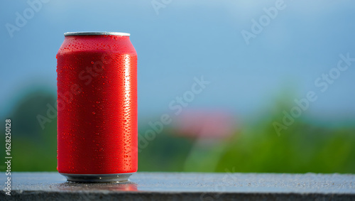 A red soda can with water drops on a blurred background, perfect for a refreshing summer drink