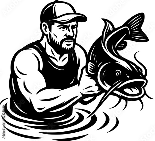 Noodling for Catfish Vector – Black and White Fishing Clipart