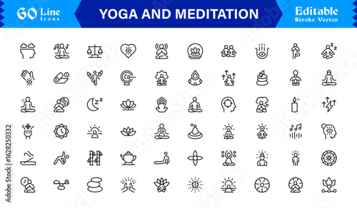 Yoga and Meditation Spiritual Symbols – Professional Modern Line Icon Pack with Unique Vector Style for Calmness, Balance, and Inner Peace Themes