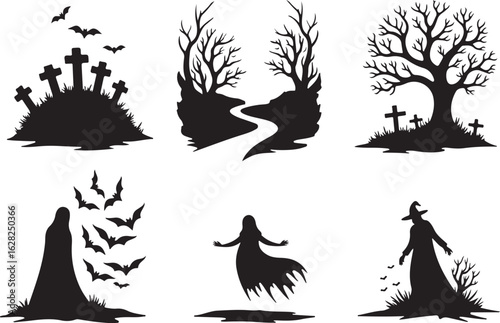 Spooky Halloween silhouettes with ghosts, bats, graves and witches