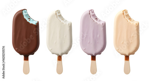 Four ice cream bars with bites taken out on white background  isolate blue coral purple lavender color