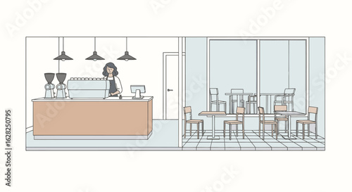 Minimalist coffee shop interior illustration, a modern cafe AIzaSyA4MiyLO_iMNz9cmtUvUYng6zwvjaqQWt8 layout concept for a small business.