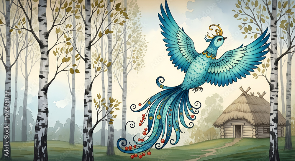 Fototapeta premium **Washed Folklore Silhouettes – Soft watercolor Russian motifs (firebirds, izba houses, birch trees) in muted blues, greens, and sepia with copy space** 