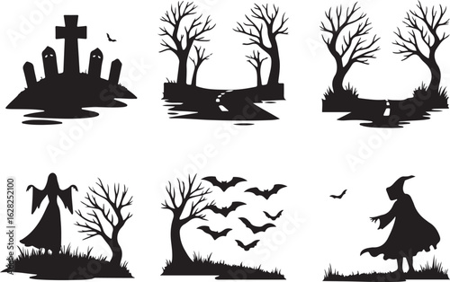 Spooky Halloween scenes with bats, ghosts, cemetery and haunted forest