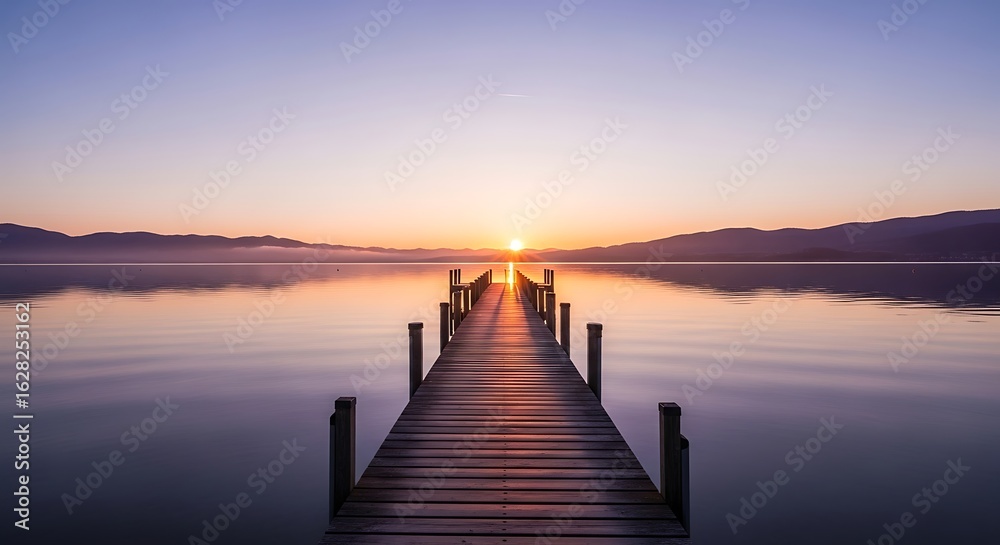 Fototapeta premium Serene Lake Sunrise with Wooden Pier and Reflections