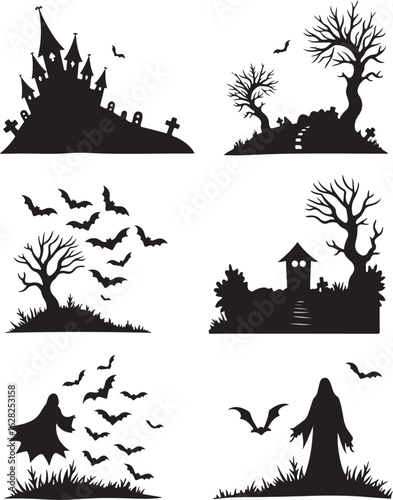 Spooky Halloween silhouettes featuring haunted houses, bats and ghosts
