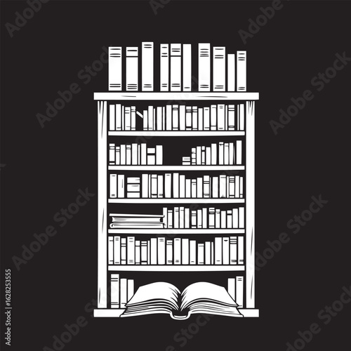 Bookshelf and book vector design concept black and white illustration.