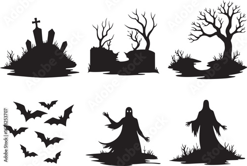 Spooky Halloween silhouette collection featuring ghosts, bats, and tombstones