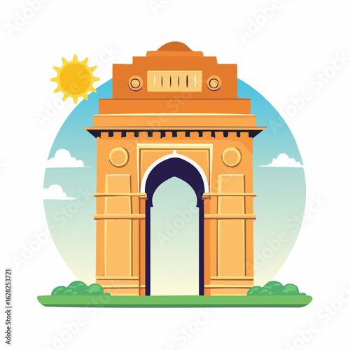 Iconic triumphal arch monument of India on a sunny day. Vector illustration of a famous historical landmark in New Delhi.