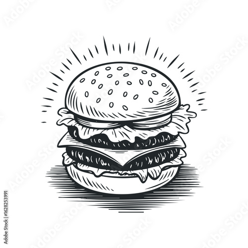 Double Cheeseburger with Lettuce and Sesame Bun in Engraving Style