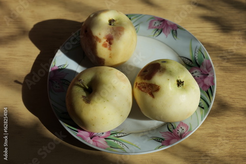 rotten apples are lying on a plate