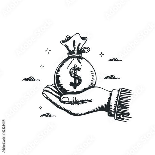 Money bag with dollar sign symbol on the palm of a hand sketch