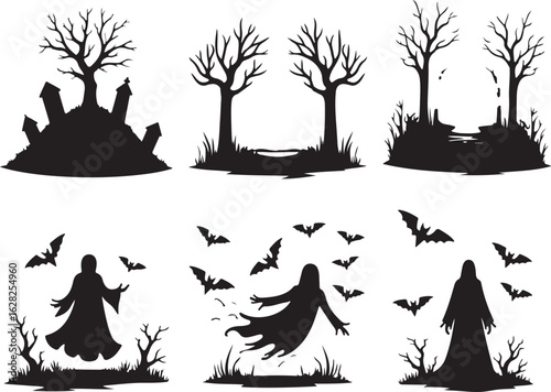 Spooky Halloween silhouettes of ghosts, bats, and haunted graveyard trees