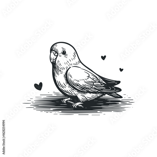Monochrome Lovebird Standing with Small Hearts Graphics on White Background