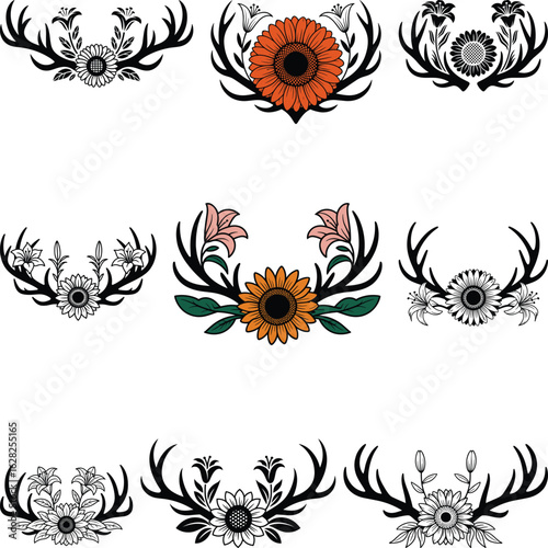 Floral Deer Antlers Svg, Deer Antlers Stencil, Deer Head Svg
