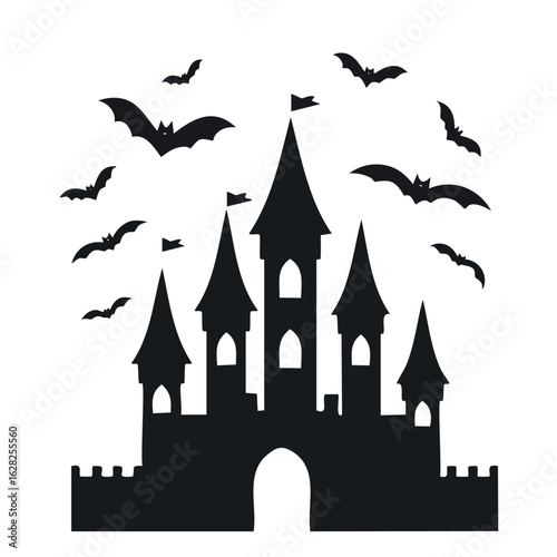 Spooky haunted castle silhouette with flying bats on a white background. Creepy gothic mansion vector illustration for Halloween celebration.