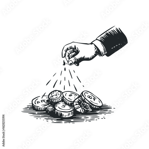 Hand Sprinkling Tiny Objects onto a Stack of Large Coins