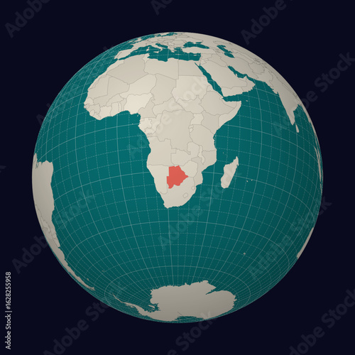 Republic of Botswana on the map. Globe centered to Botswana. Country location on the world map. Teal Pale Mint color palette. Globe with countries, meridians and parallels.