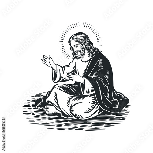 Religious Figure with Long Hair Sitting and Praying in Black and White
